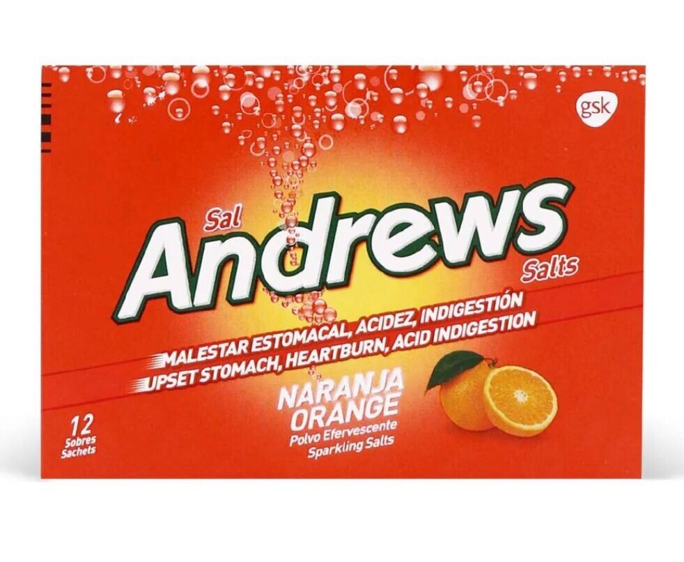 Andrews Salts Naranja- 12 Sachets for Upset Stomach, Heartburn