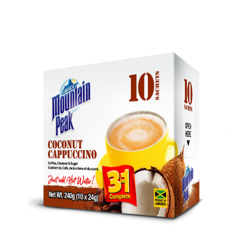 Jamaica Mountain Peak Coconut Cappuccino 3 in 1 Instant Coffee Mix, Contains Coffee, Creamer & Cane Sugar (10 x 24g Sachets)