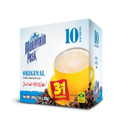 Jamaica Mountain Peak Original 3 in 1 Instant Coffee Mix, Contains Coffee, Creamer & Cane Sugar (10 x 20g Sachets)